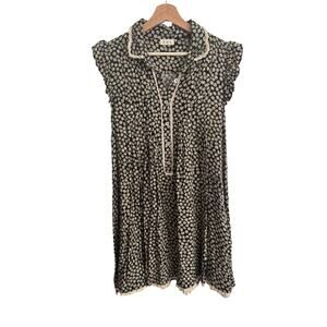 POL Black Floral Cottagecore Babydoll Dress Crochet Trim Mini Tunic Boho Small